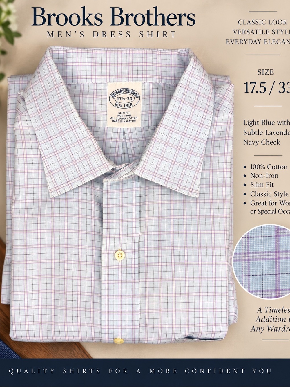 Brooks Brothers Light Blue and Lavender Windowpane Dress Shirt 17.5/33